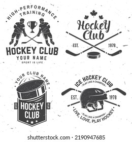 Ice Hockey club logo, badge design. Concept for shirt or logo, print, stamp or tee. Winter sport. Vintage typography design with player, sticker, puck and skates silhouette. Vector.