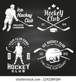 Ice Hockey club logo, badge design on chalkboard. Concept for shirt or logo, print, stamp or tee. Winter sport. Vintage typography design with player, sticker, puck and skates silhouette. Vector.