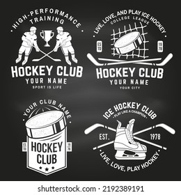 Ice Hockey club logo, badge design on chalkboard. Concept for shirt or logo, print, stamp or tee. Winter sport. Vintage typography design with player, sticker, puck and skates silhouette. Vector.