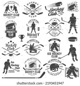 Ice Hockey club logo, badge design. Concept for shirt or logo, print, stamp or tee. Winter sport. Vintage typography design with player, sticker, puck helmet and skates silhouette. Vector.