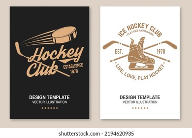 Eis Hockey Club Logo, Badge Design. Konzept für Hemd oder Logo, Druck, Stempel oder Abschlag. Wintersport. Flyer, Broschüre, Banner, Poster mit Spieler, Aufkleber, Puckhelm und Skates Silhouette. Vektorgrafik.