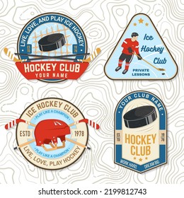 Ice Hockey club logo, badge, embroidered patch. Concept for shirt or logo, print, stamp or tee. Winter sport. Vintage typography design with player, sticker, puck and skates silhouette. Vector.