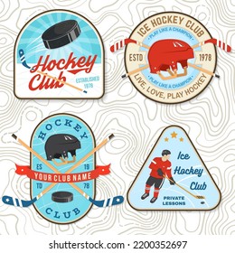 Ice Hockey club logo, badge, embroidered patch. Concept for shirt or logo, print, stamp or tee. Winter sport. Vintage typography design with player, sticker, puck and skates silhouette. Vector.