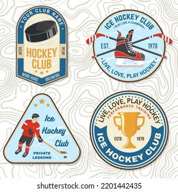 Ice Hockey club logo, badge embroidered patch. Concept for shirt or logo, print, stamp or tee. Winter sport. Vintage typography design with player, sticker, puck and skates silhouette. Vector.
