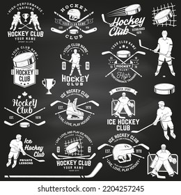 Ice Hockey club logo, badge design on chalkboard. Concept for shirt or logo, print, stamp or tee. Winter sport. Vintage typography design with player, sticker, puck helmet and skates silhouette