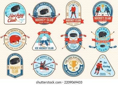 Eis Hockey Club Logo, Badge bestickt Pflaster. Konzept für Hemd oder Logo, Druck, Stempel oder Abschlag. Wintersport. Vintage Typografie Design mit Player, Aufkleber, Puck und Skates Silhouette. Vektorgrafik.