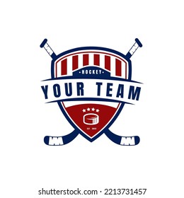 Ice Hockey club logo, badge design. Concept for shirt or logo, print, stamp or tee. Winter sport. Vector illustration. Hockey championship.