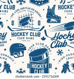 Eishockeyclub nahtloses Muster im Retro-Stil. Vektorgrafik. Hintergrund, Tapete, nahtloses Muster mit Spieler, Helm, Stöcke, Torhüter, Pick und Skates Silhouette.