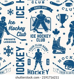 Ice hockey club seamless pattern in retro style. Vector illustration. Background, wallpaper, seamless pattern with player, helmet, sticks, goalkeeper, pick and skates silhouette.