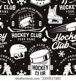 Ice hockey club seamless pattern in retro style. Vector illustration. Background, wallpaper, seamless pattern with player, helmet, sticks, goalkeeper, pick and skates silhouette.