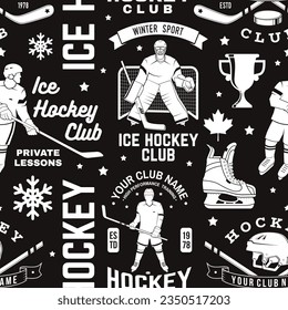 Ice hockey club seamless pattern in retro style. Vector illustration. Background, wallpaper, seamless pattern with player, helmet, sticks, goalkeeper, pick and skates silhouette.