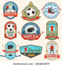 Ice Hockey club and soccer club logo, badge embroidered patch. Sport sticker pack with player, ball, sticker, puck and skates silhouette. Vector.