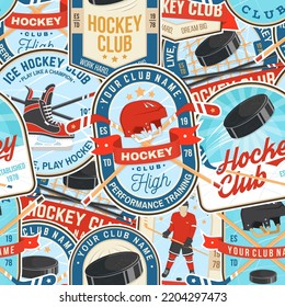 Ice Hockey colorful seamless pattern. Concept for shirt or logo, print, stamp or tee. Winter sport. Background, wallpaper, seamless pattern with player, sticker, puck and skates silhouette. Vector.