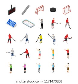 Ice Hockey Competition or Professional Championship Concept Icon Set 3d Isometric View. Vector illustration of Winter Sport Stadium and Player