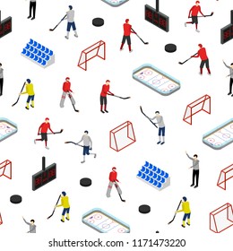 Ice Hockey Competition or Professional Championship Concept Seamless Pattern Background on a White 3d Isometric View. Vector illustration of Winter Sport Stadium and Player