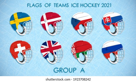 ice hockey competition teams flags 2021 on on helmets. Group A. Hockey standings on ice background. Announcement of participants of competition. Vector