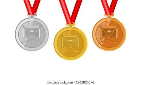 Ice Hockey Complete Shinny Medals Set Gold Siver And Bronze In Flat Style