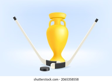 Ice hockey composition with puck and hockey sticks