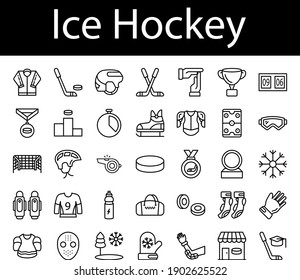 Ice hockey Concept Vector line Icon Set Design,  Symbol on white background, contact team game Sign, Winter Sport equipment Stock,