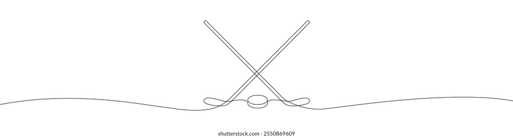 Eishockey gekreuzt Stick und Puck kontinuierliche Linie Zeichnung Vektorgrafik. Eishockeysport einfaches Logo, Symbol. 