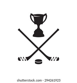 Ice hockey cup, puck and hockey stick . Vector illustration