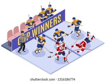 Ice hockey cup winners game moment isometric composition with rule violation referee assessing penalty vector illustration