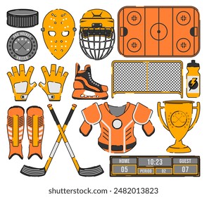 Elementos de diseño de hockey sobre hielo con discos de hockey, máscaras, casco, palos cruzados, puertas y copas de trofeos en una Grande colección