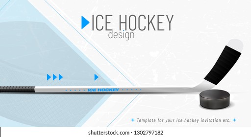 Ice hockey design template with puck, stick and sample text in separate layer - vector illustration