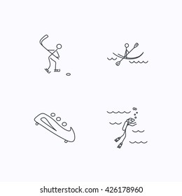 Ice hockey, diving and kayaking icons. Bobsled linear sign. Flat linear icons on white background. Vector