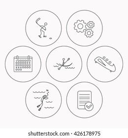 Ice hockey, diving and kayaking icons. Bobsled linear sign. Check file, calendar and cogwheel icons. Vector