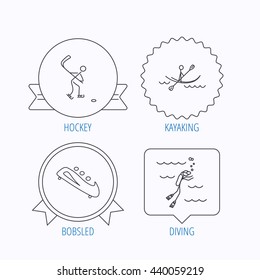 Ice hockey, diving and kayaking icons. Bobsled linear sign. Award medal, star label and speech bubble designs. Vector