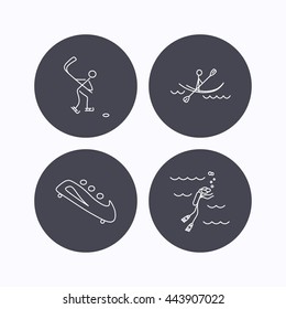 Ice hockey, diving and kayaking icons. Bobsled linear sign. Flat icons in circle buttons on white background. Vector
