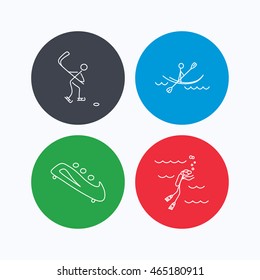 Ice hockey, diving and kayaking icons. Bobsled linear sign. Linear icons on colored buttons. Flat web symbols. Vector