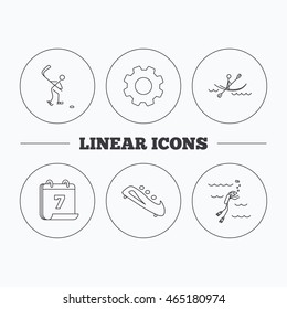 Ice hockey, diving and kayaking icons. Bobsled linear sign. Flat cogwheel and calendar symbols. Linear icons in circle buttons. Vector