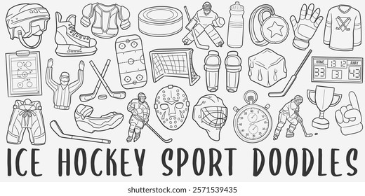 Ice Hockey Doodle Icons. Hand Made Line Art. Winter Sports Clipart Logotype Symbol Design.