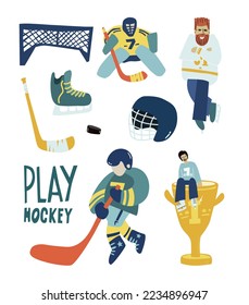 Eishockey-Elemente und -Ausrüstung. Ich hockey-Spieler mit Stock und Puck. Doodle-Flachelemente