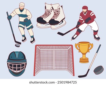 Ice hockey elements. Players in uniform and sports equipment, goal, cup, skates, stick, puck, professional athletes in helmets, winter games icons cartoon flat isolated vector set