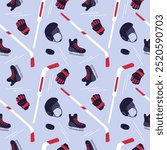 Ice hockey elements seamless pattern. Team sport. Repeated print. Clubs and pucks. Player clothing. Athletic competition. Skates and helmets. Winter accessories. Garish