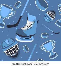 Ice hockey elements seamless pattern. Repeated professional sports accessories, skates, clubs, pucks, cup and helmet. Decor textile, wrapping, wallpaper. Print for fabric, vector background