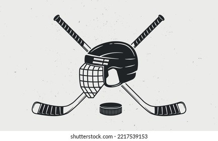 Eishockey-Emblem mit Helm, Cues und Puck-Icons. Vektorgrafik