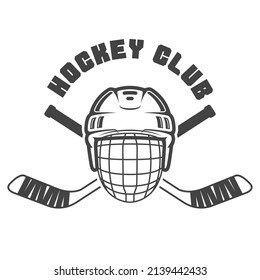 Ice hockey emblem with helmet and two crossed hockey sticks, vector