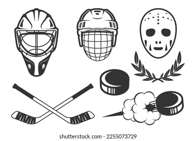 Ice hockey emblems, hockey helmets and retro goalkeeper mask, flying hockey puck, vector