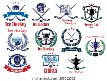 Ice Hockey emblems, symbols and logos set with crossed sticks, pucks, banners, ribbons, wreaths, trophy cups, helmet and decorative elements for sports design