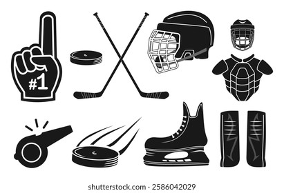 ice hockey equipment design set, black solid style, editable vector eps 10.