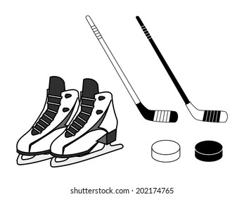 Ice hockey equipment set, skates, stick and pack, black and white color design, silhouette and outline, vector art image illustration, isolated on white background