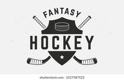 Ice Hockey Fantasy logo, poster. Vintage emblem with crossed hockey cues and puck. Logo template for team, club, league, tournament. Vector illustration