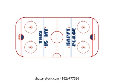 Ice Hockey field horizontal outline vector silhouette drawing illustration.Blue and red orange colors isolated on white background.This is my happy place text.Sport.