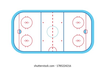 Campo de hockey sobre hielo con patines y palos en un fondo blanco aislado. Deporte de invierno en hielo. Estadio con marcas. Gráficos de material vectorial. Para el diseño de sitios web y aplicaciones.