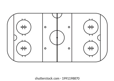 Ice hockey field scheme. View from above. Black and white illustration isolated on white background. Vector outline