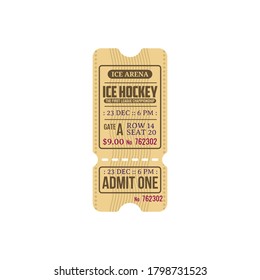 Ice hockey first league championship isolated retro ticket template. Vector admit one on ice arena, vintage ticket with cutting line, admit one. Winter sport tournament invitation card, date and seat